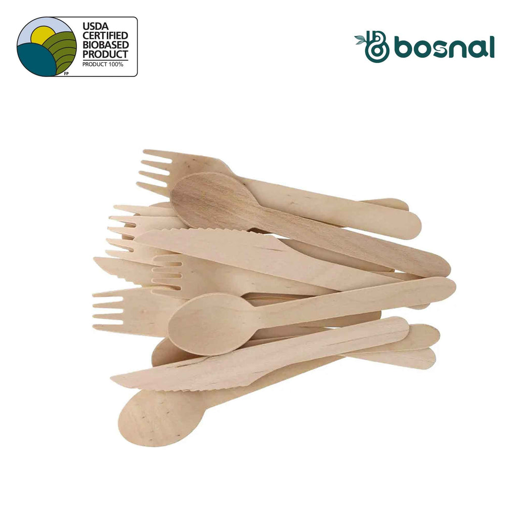 Bosnal – Wooden Disposable Cutlery Set, 6.5 inch, 100 Pcs, Birch Wood Spoons, Forks & Knives