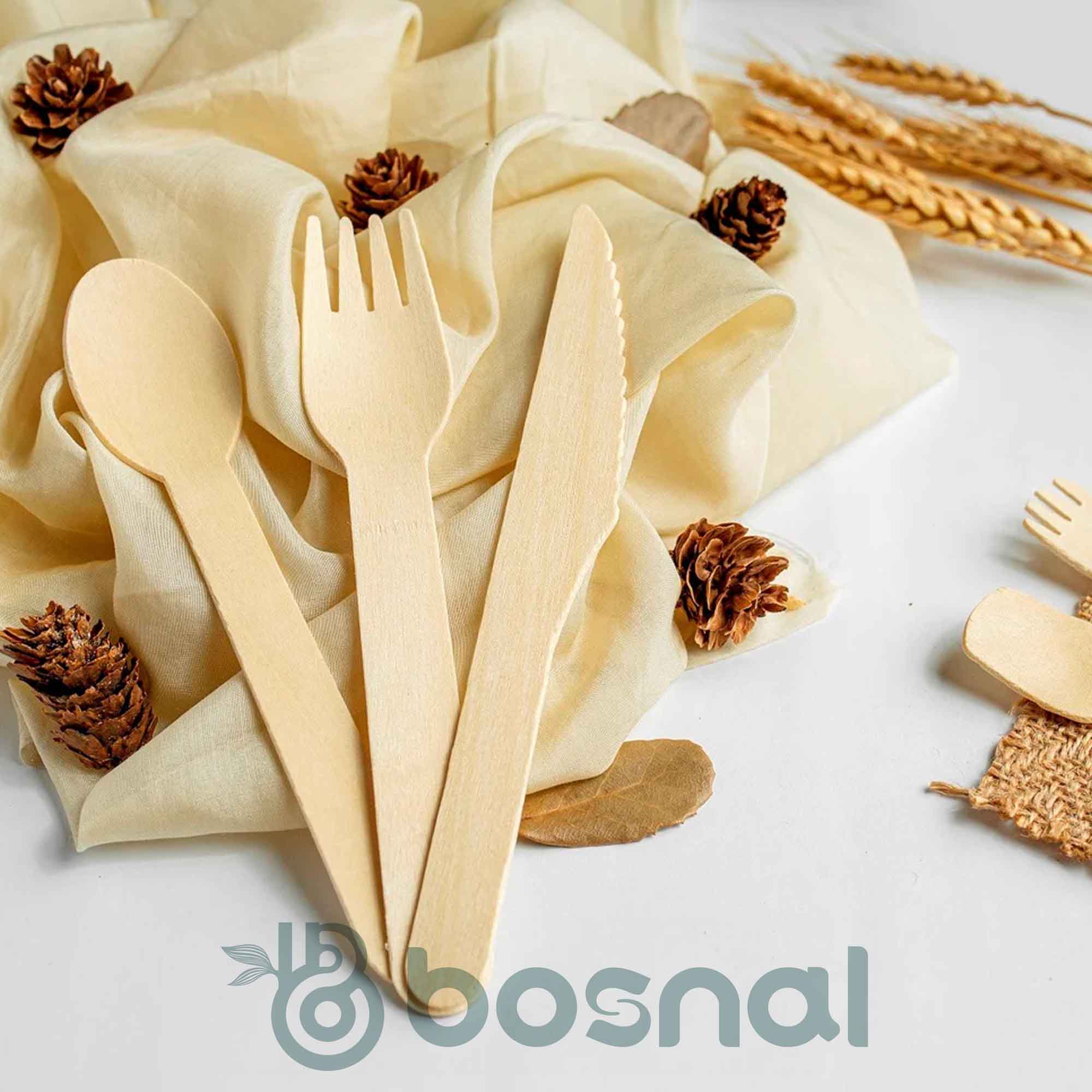 Bosnal – Wooden Disposable Cutlery Set, 6.5 inch, 100 Pcs, Birch Wood Spoons, Forks & Knives