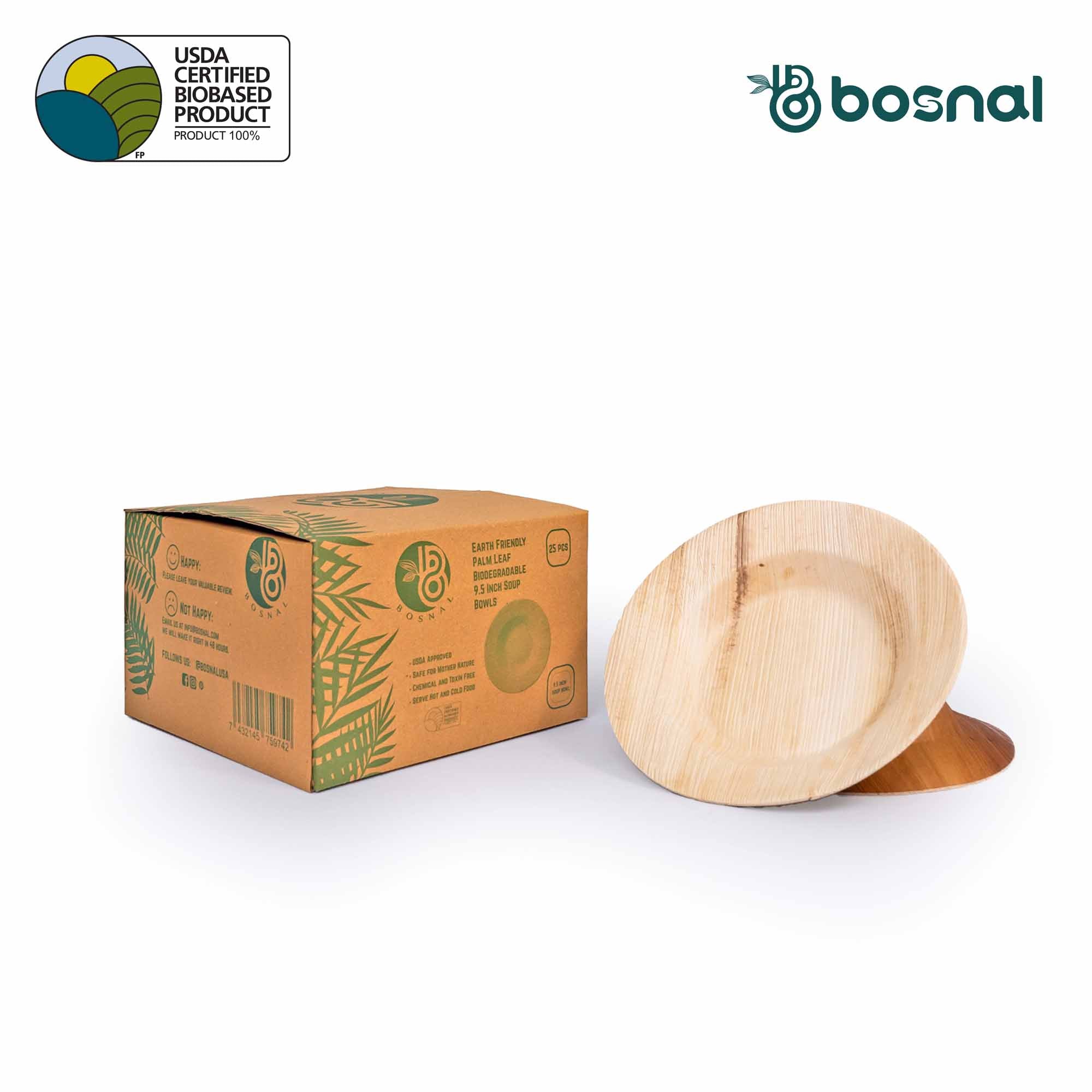 Bosnal - Palm Leaf Biodegradable Bowls, 9.5 inch Round Soup Bowl